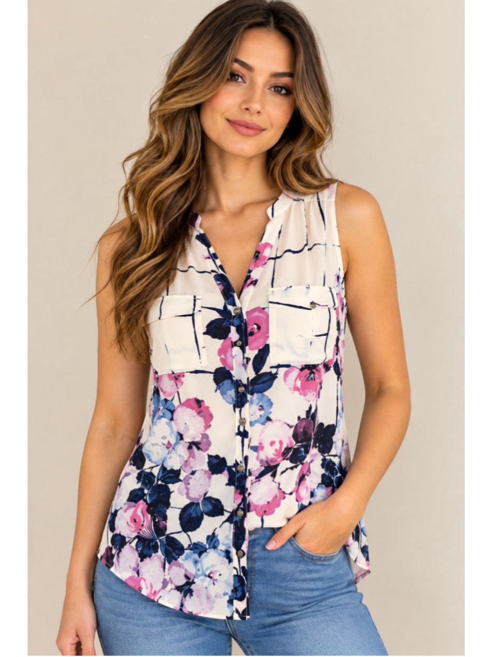 Women's Aratta Floral Sleeveless Blouse, Size M, Beige and Purple